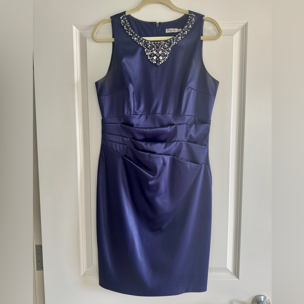 Eliza J Stretch Silky Navy Dress with Rhinestone Neckline - Size 10